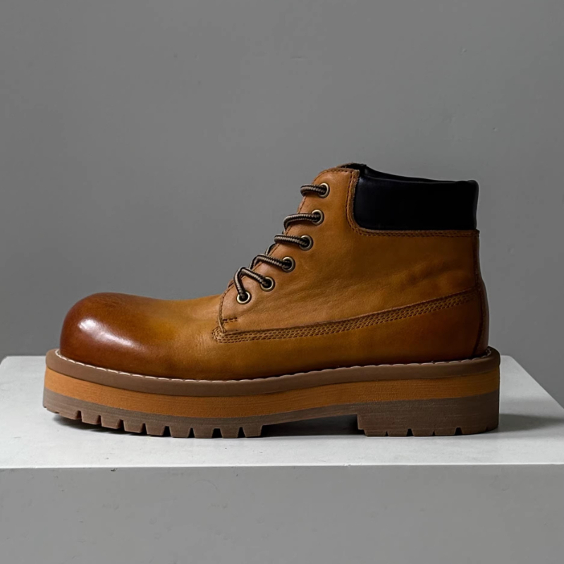 Leather Work Boots - Męskie botki w stylu brytyjskim, brązowe,
