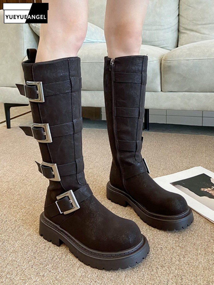 Leather Work Boots - Damskie buty do kolan z wieloma