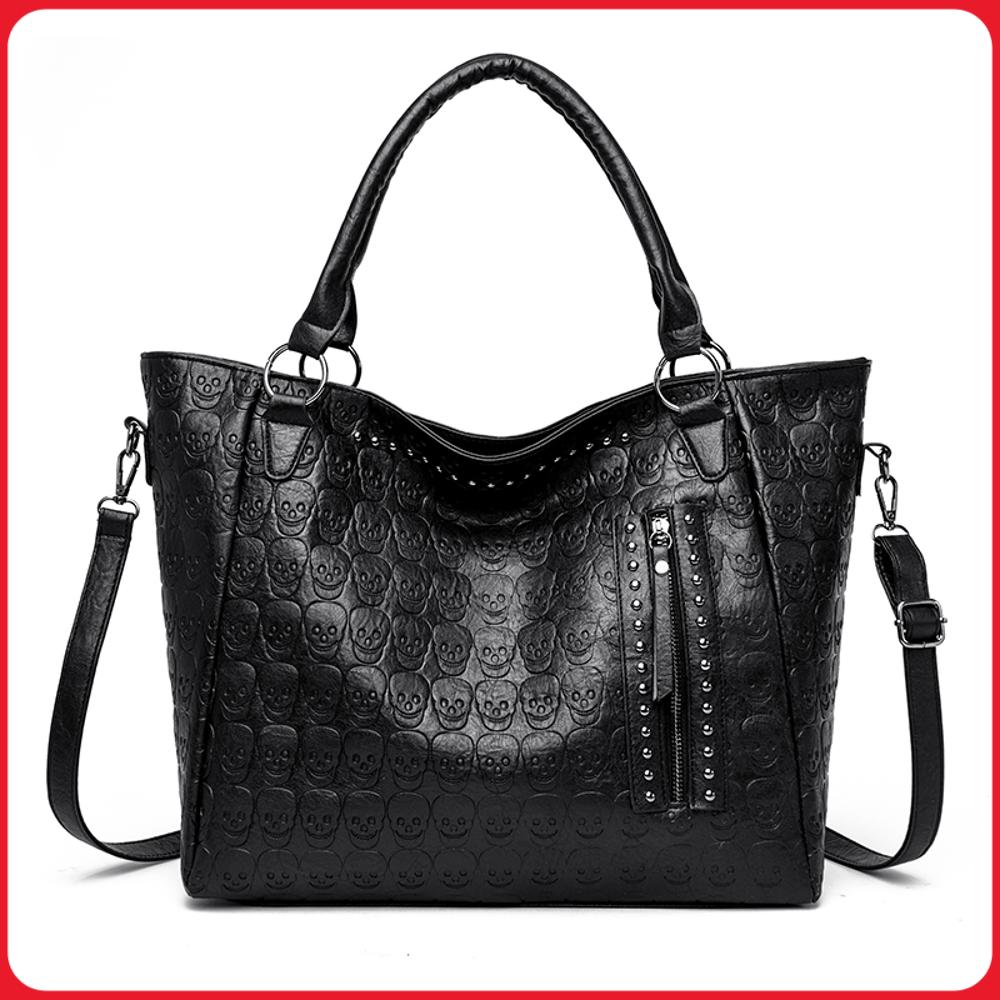 Leather Work Handbag - Torba crossbody z punkową czaszką, skóra