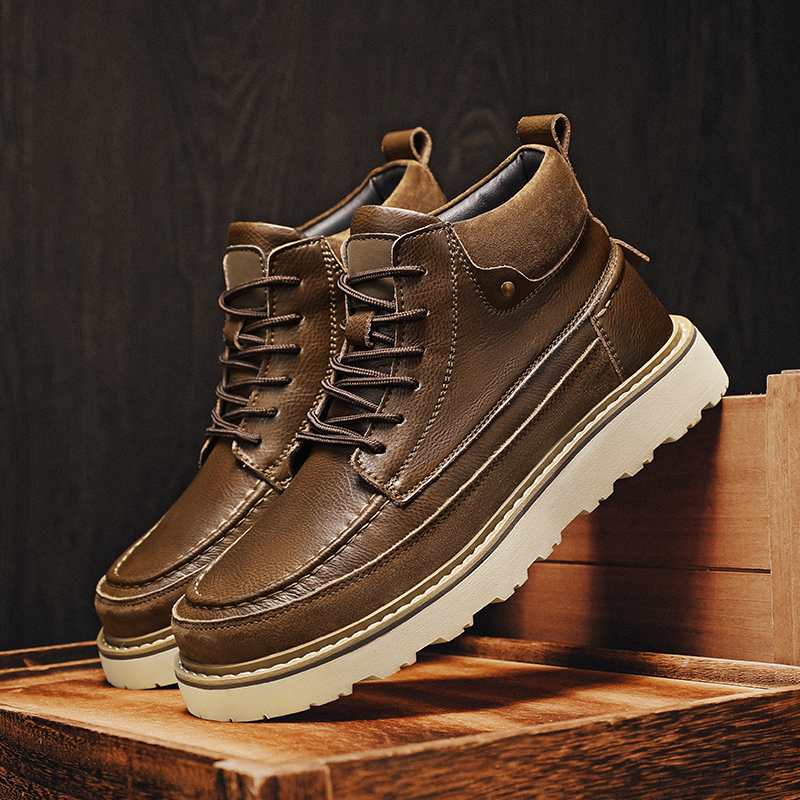 Leather Work Boots - Męskie brązowe ocieplane polarem ciepłe botki